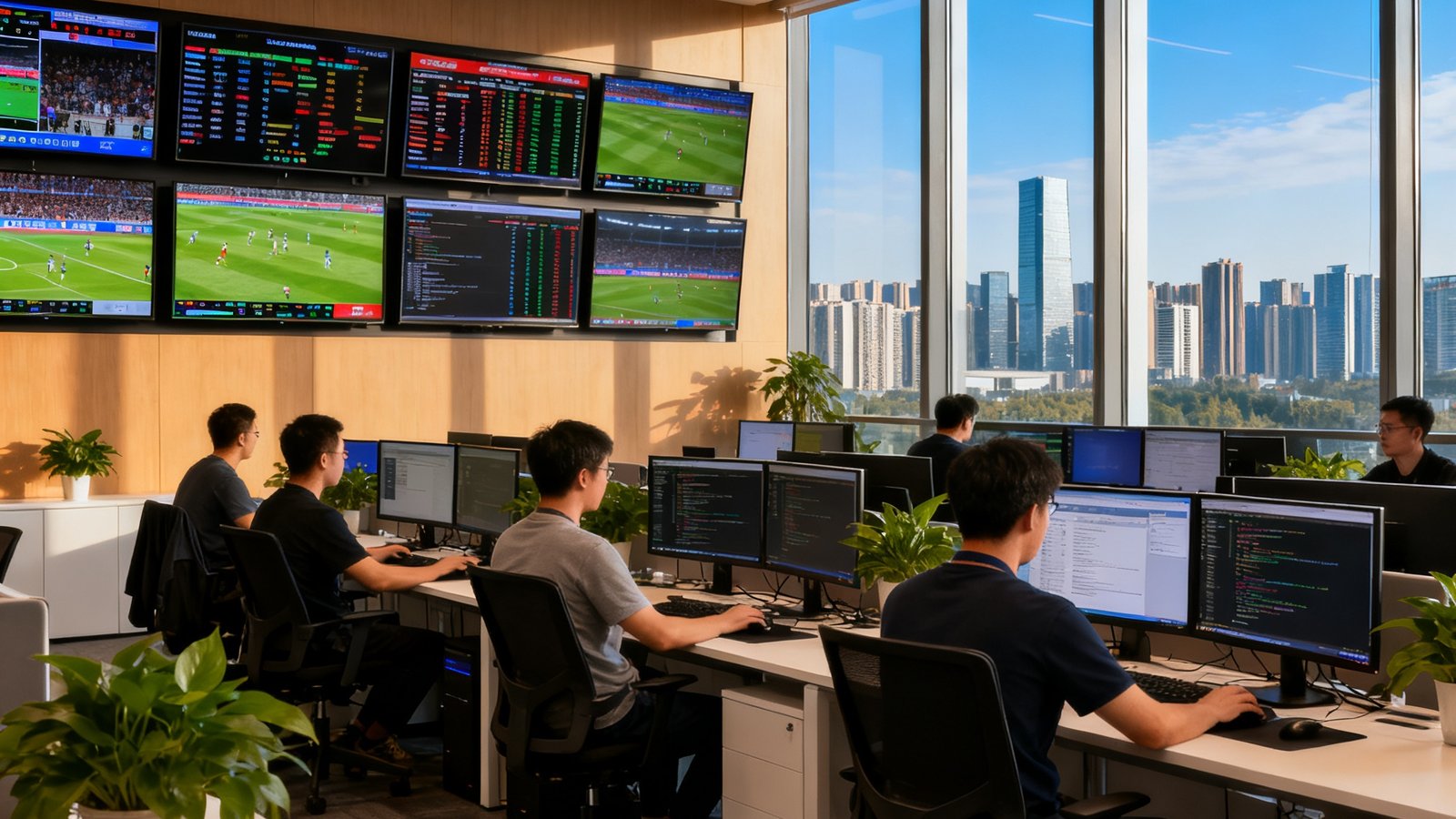三亿体育科技大厦办公室实景，开放式工位上工程师们正在多台显示器前工作，墙上挂着多块赛事数据监控大屏，窗外是成都高新区的城市天际线