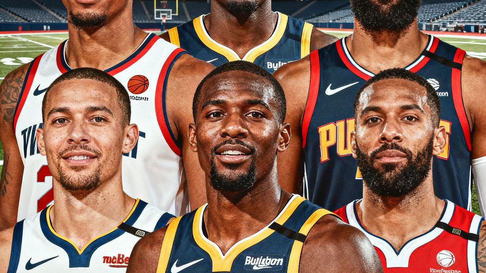NBA夏季转会窗口期间多位球星更换球队的新闻配图，展示了几位知名球员身穿新球队球衣的合成效果图