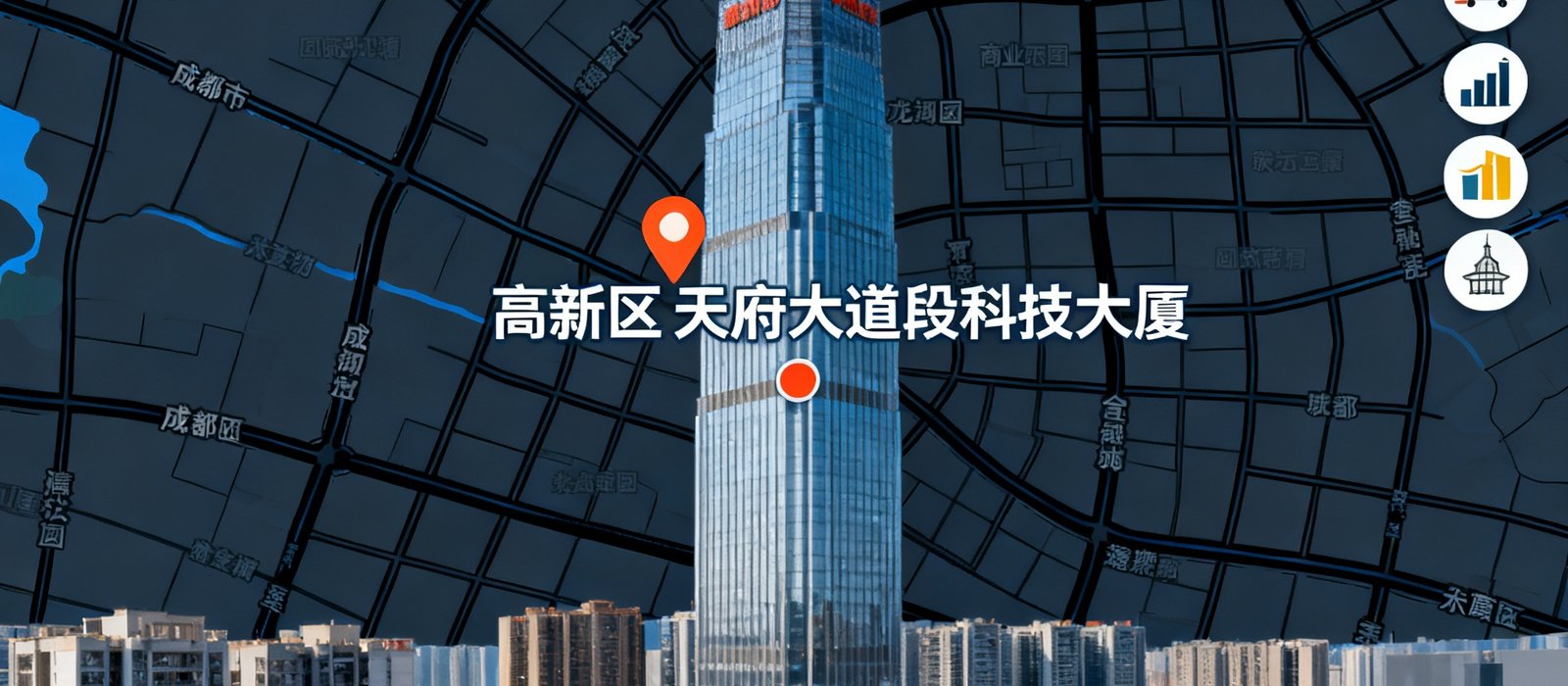 一张显示三亿体育成都总部所在地理位置的地图，标注点位于高新区天府大道中段科技大厦，周边有地铁站和商业配套